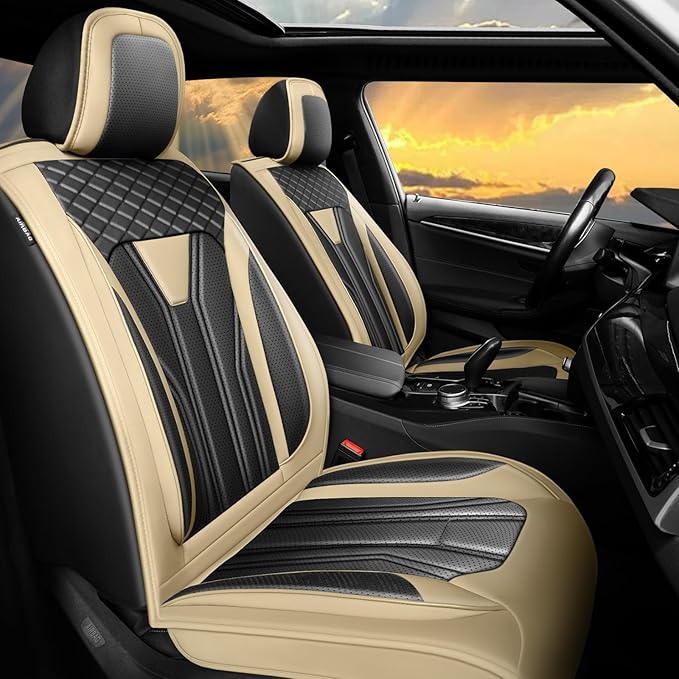 Fit Rogue Car Seat Covers Premium Leather for Nissan Rogue 2014-2025 2026. Waterproof， Breathable, Scratch-Resistant & All-Weather Seat Cushion Protector （Full Set,Beige&Black