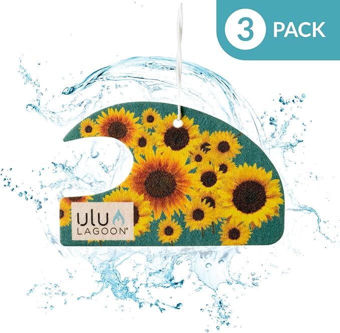 ulu Lagoon Hanging Car Air Freshener | Tropical Beach Coconut Surf Wax Scent Mini Wave | Long Lasting Car Freshener, Closet and Beyond | Made In USA | 3 Pack (Sunflower)