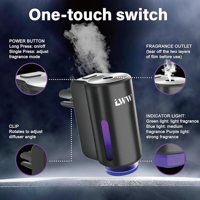 Car Air Freshener - Smart Adjustable 3-Speed Intensity, Rechargeable Humidifier Car Essential Oil Diffuser - Comes with 8 Bottles of 10ml Perfume (Black)