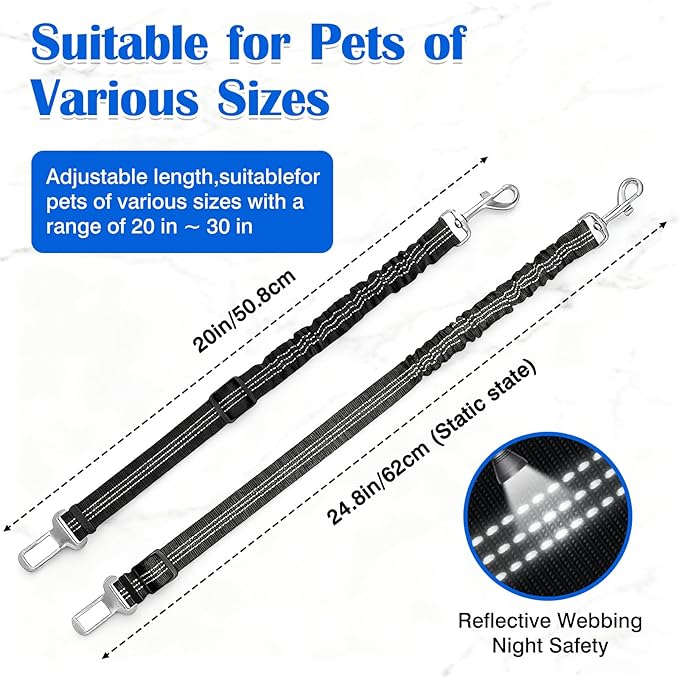 Black Adjustable Dog Car Safety Seat Belt with Elastic Cushion Leash & Anti-Tangle Metal Buckle