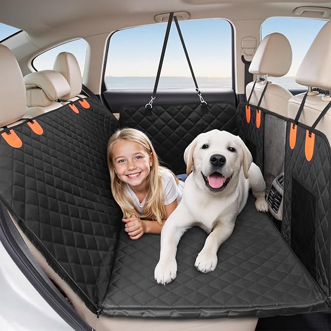 HOTEAGLE Car seat Cover for 2 Dogs, 100% Waterproof Scratch Proof Nonslip Dog car seat Cover for Back seat, Dog Hammock for car Hard Bottom Holds 400lbs, Standard（ Black）