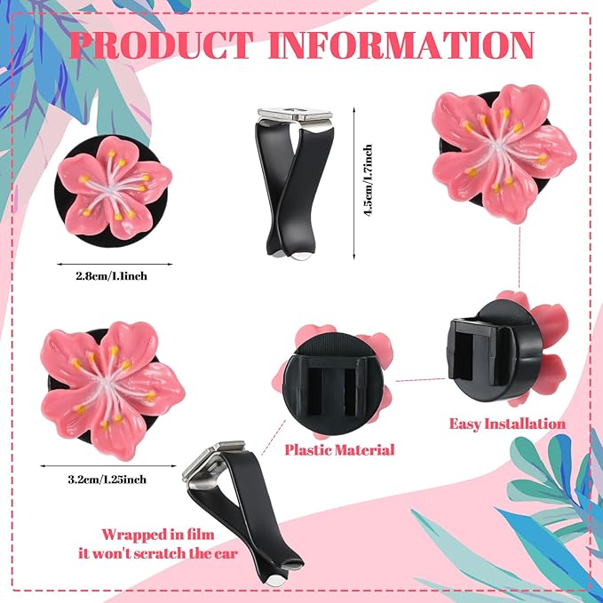 Timtin 12Pcs Cute Car Air Freshener Vent Clips Flower Air Vent Clips for Fresheners Pink Hawaiian Hibiscus and Cherry Blossom Car Accessories Aesthetic Interior Decor for Women Peach Blossom