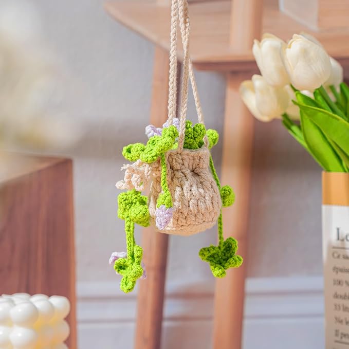 Crochet Plant Car Air Freshener, Cute Car Rearview Mirror Decor Hanging Ornament, Purple Flowers Knitted Handmade Auto Interior Accessories for Women (Purple Flowers)