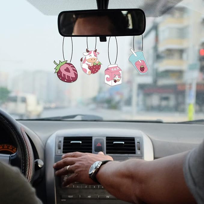 4 Pcs Bubble Tea Strawberry Milk Car Air Fresheners, Strawberry Funny Hanging Car Air Fresheners Cute Car Mirror Scented Hanging Car Decoration Ornaments Gift Car Interior Decor Accessories for Men Women