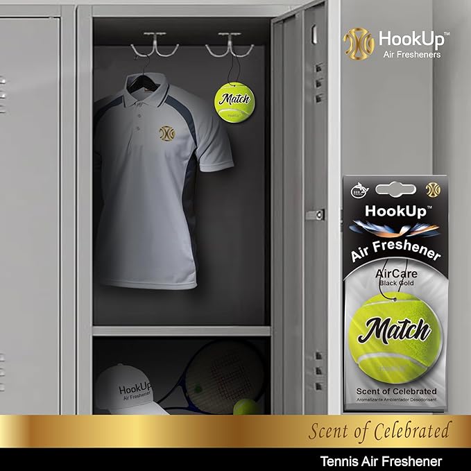 Tennis Car Air Freshener by HookUp - 4 Pack - Black Gold Scent (Extra Strong) | Unique Tennis Gift for Players, Coach, Fans | Hanging Car Accessory with Long Lasting Fresheners Smell