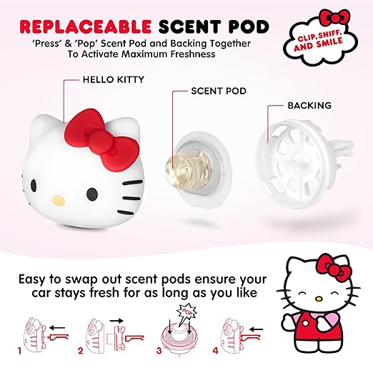 Sanrio Hello Kitty Car Air Freshener for Cars Trucks SUVs, Hello Kitty and Friends Cute Car Accessories for Women Car Decor Hello Kitty Car Accessories, Replaceable Scent Pods - Tropical Fruit Scent