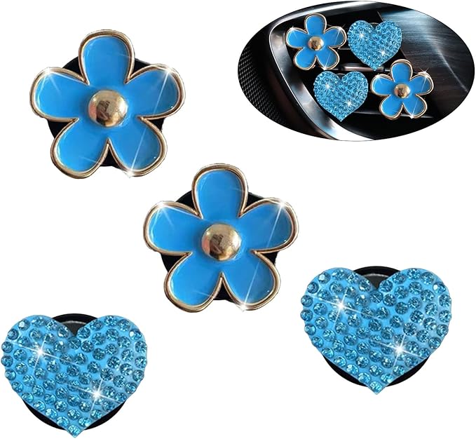 4PCS Car Air Vent Clips with Fragrance Pads, Cute Flower Car Air Fresheners Vents Clips Diamond Vent Clip Auto Interior Decor Charm Bling Auto Accessories Decoration for Women (Blue)