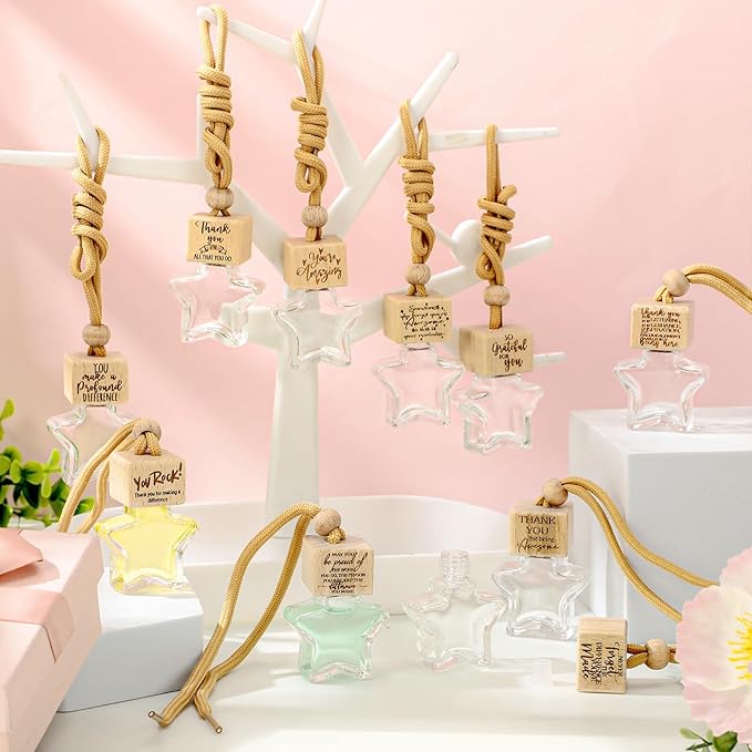 20 Pcs Star Shaped Car Fragrance Diffuser Bottle Bulk - Appreciation Gifts Set Hanging Glass Diffusers with Inspirational Message for Coworker Teacher Staff Thank You Gift (Employee)