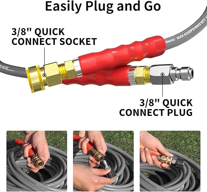 Pressure Washer Hose 100ft 4200PSI with 3/8 Quick Connect, 1/4 Commercial Grade Steel Wire Braided Kink Resistant Power Washer Extension Hose, Flexible Replacement Hose Adapter Set