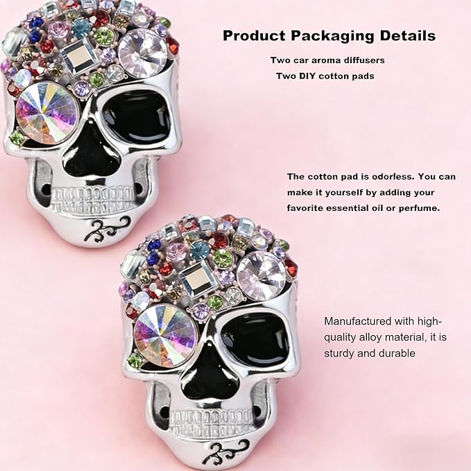 Gothic Skull Car Air Freshener Vent Clips with 2 Pads, Halloween Scented Car Accessories for Men Women, Automotive Interior Decor and Cool Car Fresheners for Men， Spooky Gift Idea-A7
