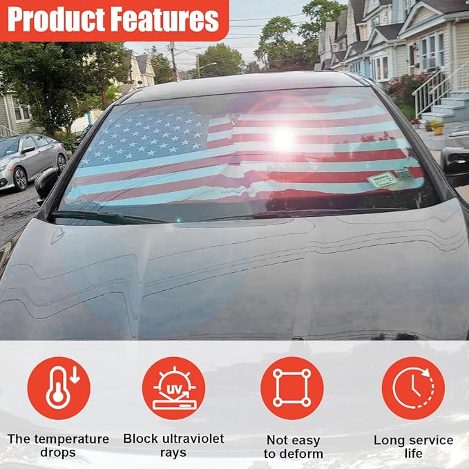 American Flag Car Windshield Sun Shade, Foldable Car Front Window Sunshade for Cars SUV Truck, Auto Interior Sun Protection Cover, Blocks UV Rays & Keeps Your Vehicle Cool (Red, L)