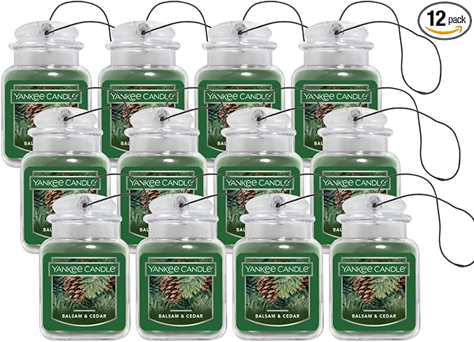 Yankee Candle Car Air Fresheners, Hanging Car Jar Ultimate, Neutralizes Odors Up To 30 Days, Balsam & Cedar, 0.96 OZ (Pack of 12)