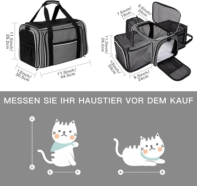 BAGLHER Expandable Cat Carrier with Travel Litter Box, Pet Travel 5 Sides Open Doors 3 Sides, Leak-Proof and Collapsible, for Car, Airplane Trip, Grey