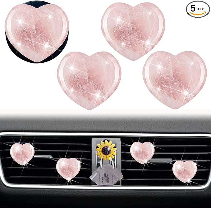 Quartz Heart Air Fresheners, 4 Pcs Pink Heart Style Vent Clips, Cute Car Decoration & Interior Decor Accessories for Women & Men + Sunflower Mask Hook