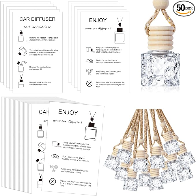 Boao 50 Sets Hanging Car Air Freshener Diffuser Bottles with 2 x 3.54 Inch Car Diffuser Instructions Cards for Empty Essential Oil Bottles (White Card,Round Diamond)