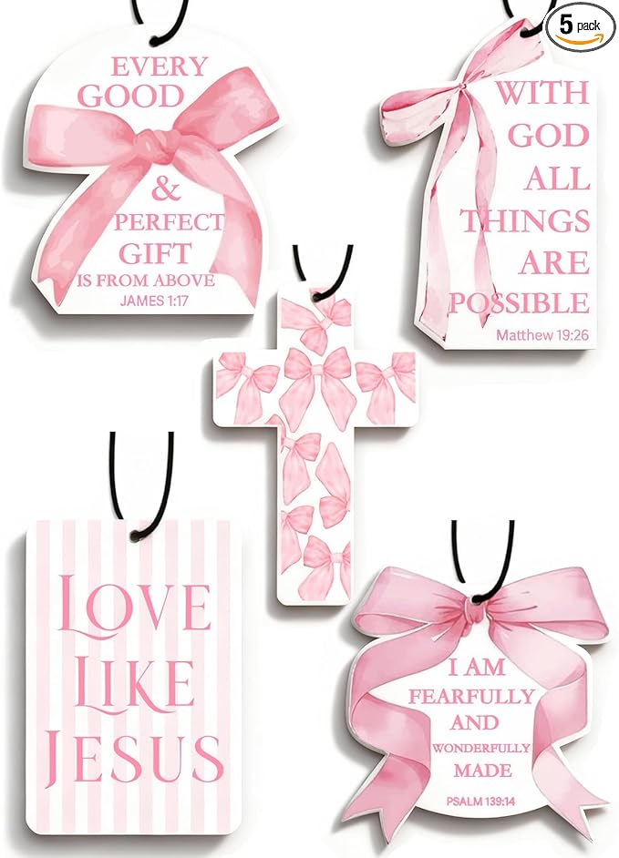 Inspirational 5pcs Car Air Freshener Cute Pink Bow Coquette Bible Verses Automotive Accessories Car Interior Hanging Scents Mirror Decor Christian Gifts for Women Girls