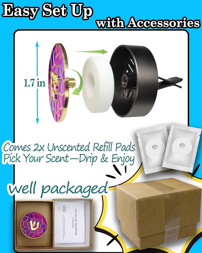 Hebrew Shin Car Vent Clip Air Freshener - Essential Oil Diffuser Refillable with 1 DIY Unscented Pads for Car Jewish Hanukkah Gifts Pink 1.57”