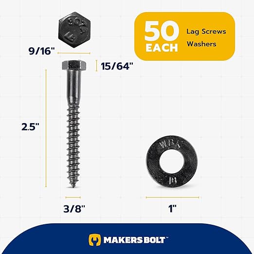 3/8 x 2-1/2 (50 Pack) Lag Screw Kit, 50 Screws and 50 Washers, Ceramic Black Ruspert Coating for Exterior Use, Meets ASTM A307 and ASME B18.2.1, Industrial/Commerical Grade by Makers Bolt