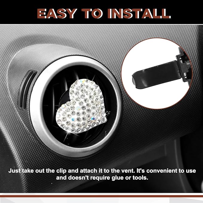 2 Pieces Bling Crystal Heart Car Vent Clips Sparkling Air Freshener and Decorative Accessories for Women Men SUV Truck (White)