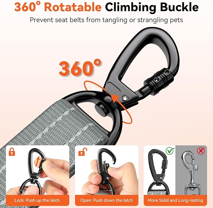 2Pcs Dog Seat Belt, Dog Car Seat Belt Bungee, Car Harness for Pet with Buckle & Hook Latch, Safety Leash Vehicle, Adjustable Reflective Pet Vehicle Tether, 360° Swivel Lock Clasp, Gray & Black