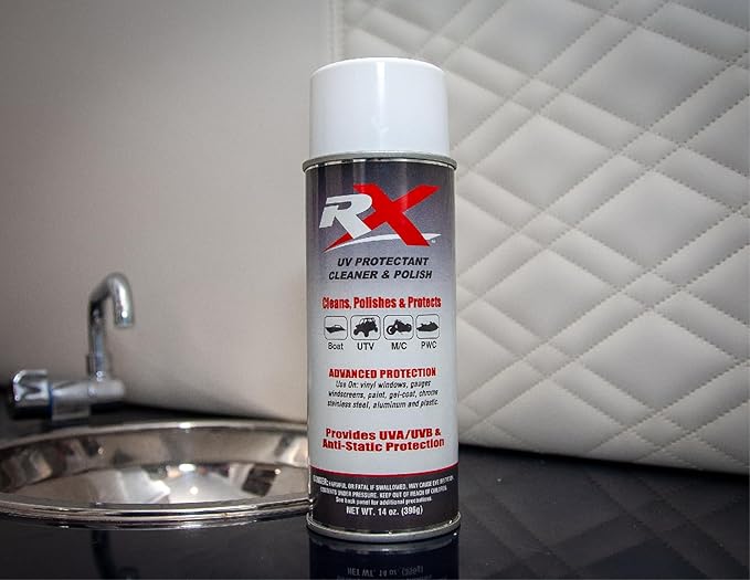 Hardline Products USA RX UV Protectant Cleaner & Polish – Advanced Marine & Powersport Detailing Spray for Vinyl, Isinglass, Plastic, & Strata Glass – 100% UVA/UVB Protection with Microfiber Towel