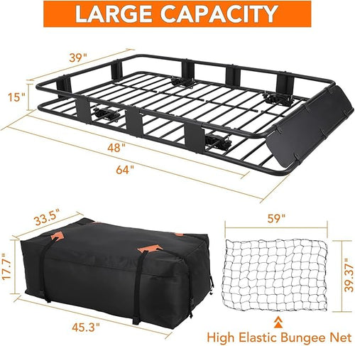 64"x39" Universal Roof Rack Basket with Cargo Bag, Adjustable Steel Roof Cargo Basket up to 200 lbs Capacity, Car Top Carrier for SUV, Truck, and Vehicle Rooftop Storage