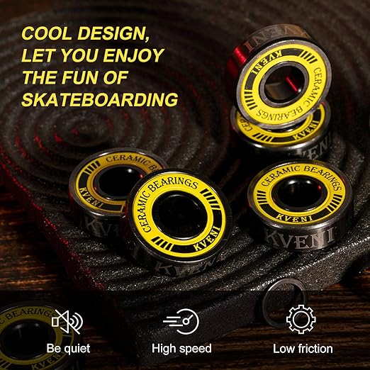 ABEC 9 Skateboard Bearings - Premium 608rs Ceramic Ball Bearings with Titanium Coating - Fast Spin Longboard Bearings Set (8-Pack + Washers + Spacers)