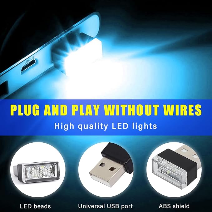 Augeny 4 PCS USB LED Car Interior Atmosphere Lamp, Plug-in USB Decor Night Light, Portable Auto Ambient Lighting Kit, Universal Vehicle Interior Accessories for Most Cars (Blue & Ice Blue)