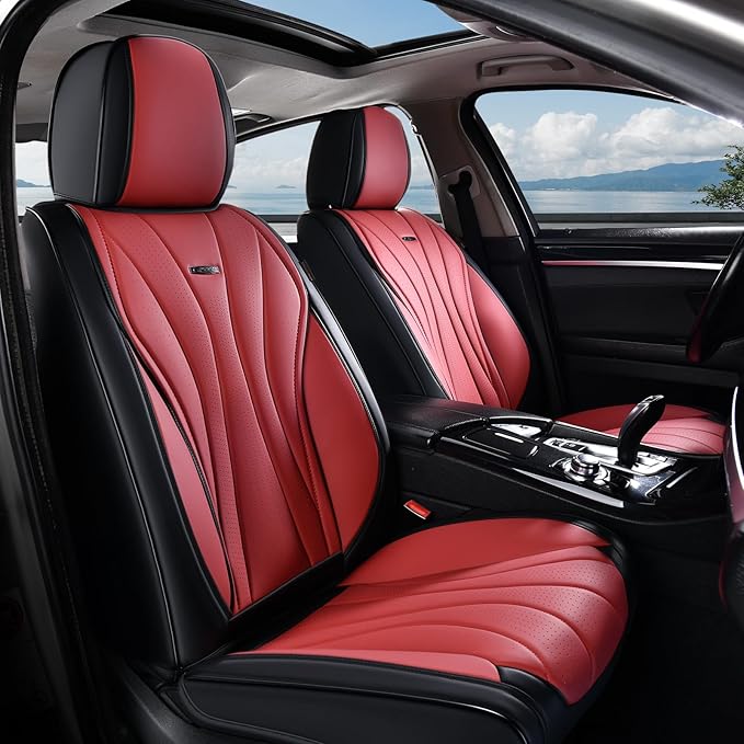 Coverado Car Seat Covers Full Set, Premium Leather Seat Cover for Cars, Front and Back Car Seat Protector, Waterproof Car Seat Cushion Universal Fit for Most Vehicles(Black&Red)