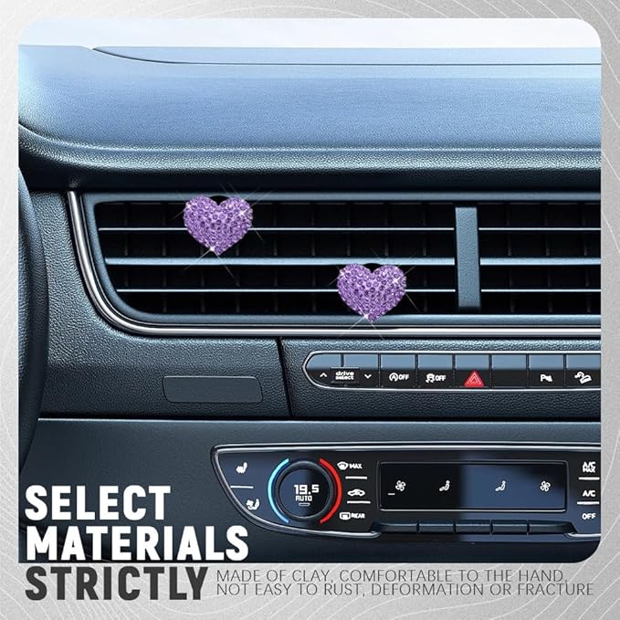 2PCS Bling Heart Air Vent Clips, Heart Shaped Crystal Air Freshener Vent Clips, Rhinestone Air Conditioning Outlet Clip, Universal Interior Decor Car Accessories for Women Girl (Purple)