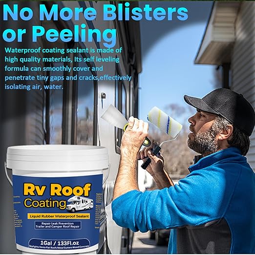 1Gal/133Fl.oz Liquid Rubber Rv Roof Coating White Waterproof Sealant Camper Roof Repair Solar Reflective Wooden Brush Putty Knife Nitrile Gloves Paint Roller Drywall Repair Tape