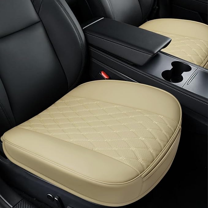 wuyaoyao Leather Car Seat Bottom Covers, Anti-Slip Front Seat Covers for Car, Auto Seat Cover Cushion Pad, Full Wrap Bottom Auto Seat Protector with Pocket Suitable for Most Vehicles (Beige)