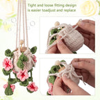 Cute Crochet Plant Car Freshener 12ml Empty Refillable Diffuser Bottle with Plants Hanging Accessories for Rearview Mirror Home Office Decor Women Mother's Day Gifts(Cherry Blossoms)