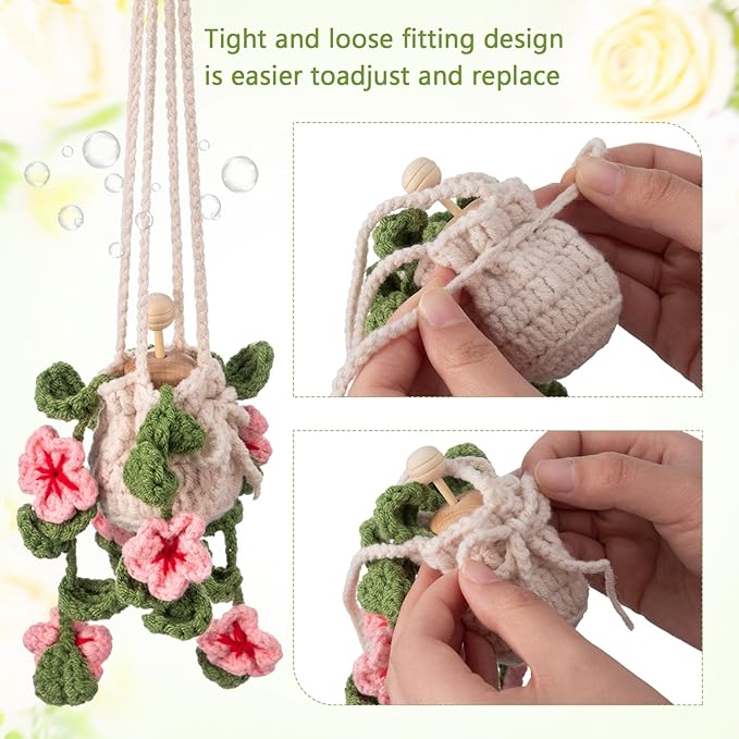 Cute Crochet Plant Car Freshener 12ml Empty Refillable Diffuser Bottle with Plants Hanging Accessories for Rearview Mirror Home Office Decor Women Mother's Day Gifts(Cherry Blossoms)