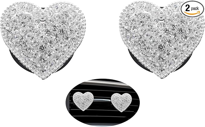 Bling Car Accessories,Silver Heart Air Vent Clips Car Freshener,2pcs Sparkling Dashboard Decor for Women,Cute Rhinestone Decorations