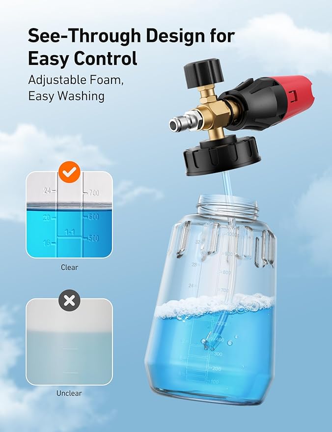 AstroAI Foam Cannon for Pressure Washer, Snow Clear Foam Cannon, Wide Neck Foam Blaster Adjustable Nozzle for Car Wash Accessories, with 1/4 Inch Quick Connector, 1 L Clear Bottle