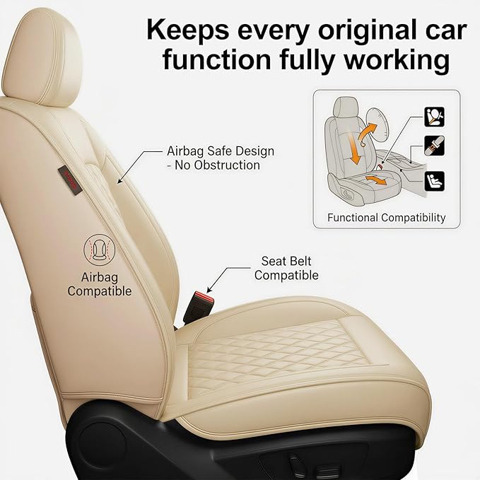 Fit Ioniq Car Seat Covers for Hyundai Ioniq 2017-2026 - Premium Leather, Waterproof, All-Weather, Airbag Compatible, Anti-Slip, Breathable, Easy Install, Seat Protectors, Full Set, Beige