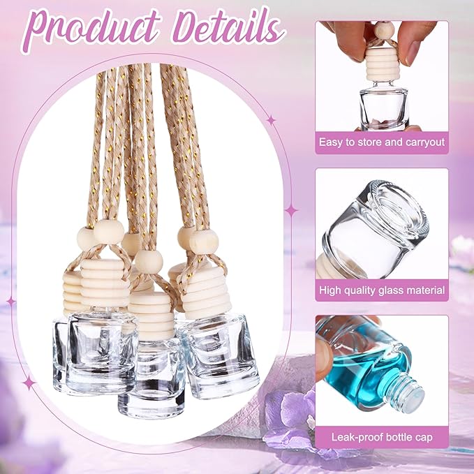 60 Pcs Hanging Car Air Freshener Car Diffuser Bottle Empty Glass Perfume Air Freshener Diffuser Bottle Pendant for Essential Oils Fragrance Aromatherapy Ornament Decor (Cylinder Style)