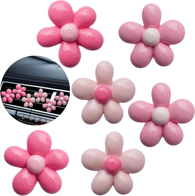 Pink Flower Air Freshener Vent Clips Pink Car Accessories, 6Pcs 3D Pinky Daisy Air Vent Clips for Fresheners Car Decoration, Fashion Flower Airs Freshener Vents Clip for Women Gifts