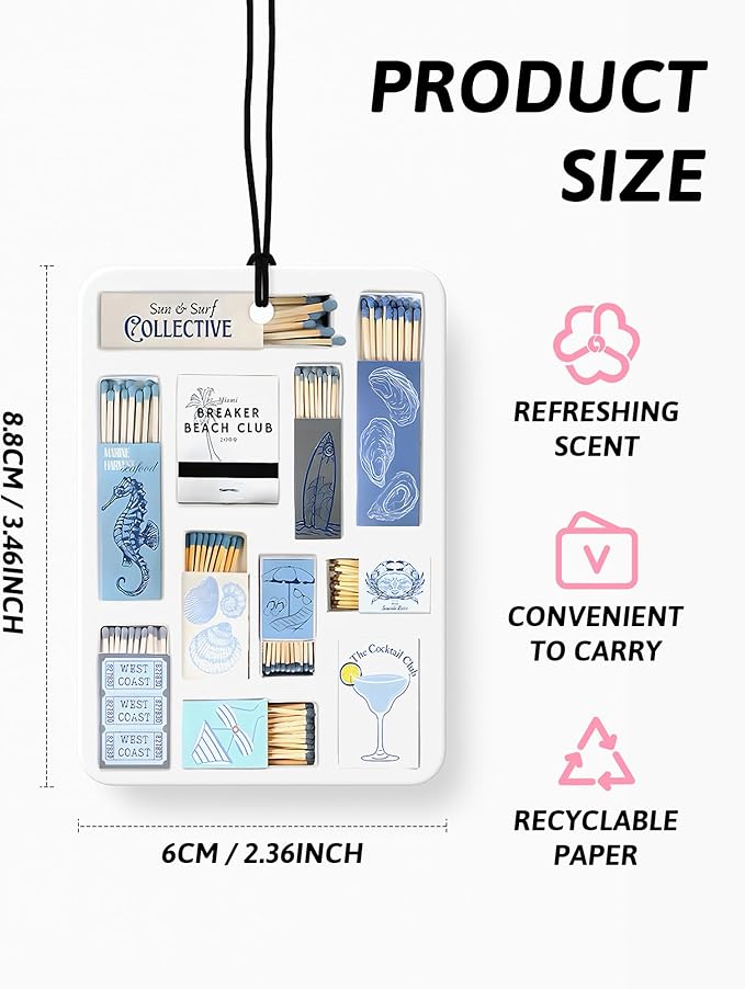 Blue Preppy Beach Car Air Freshener 4 Pcs, Coastal Preppy Beach Seashell Bikini Hanging Air Freshener for Cars Closet Drawer Books, Blue Girly Car Accessories Mirror Decor for Women
