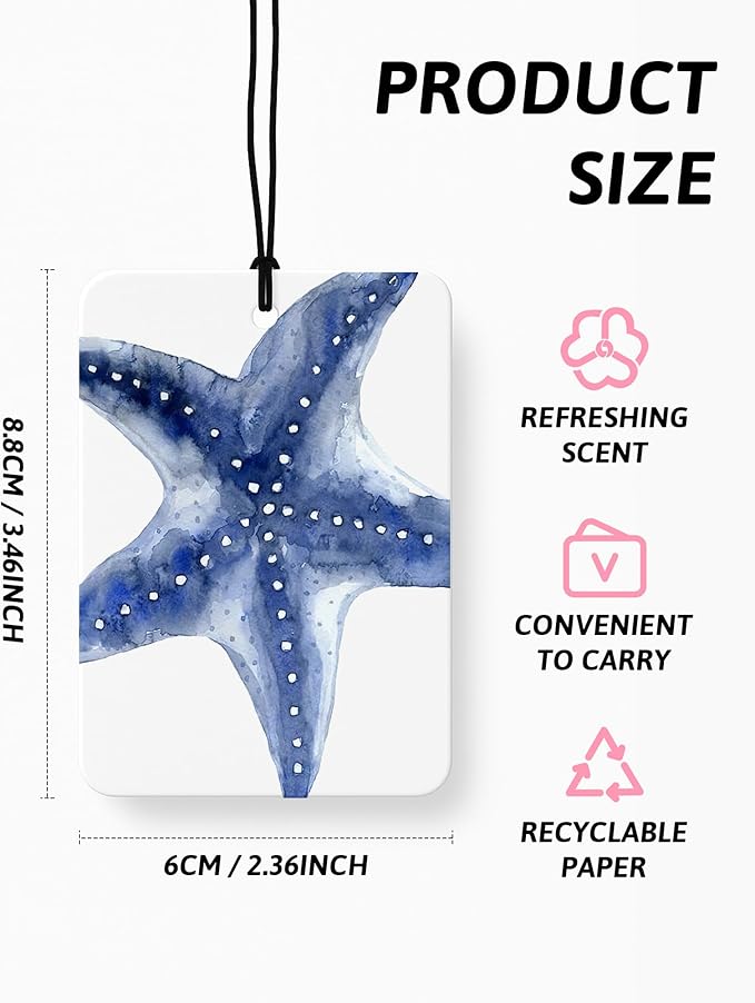 Blue Beach Car Air Freshener 4 Pcs, Ocean Coastal Beach Starfish Seagrass Hanging Air Freshener for Cars Closet Drawer Books, Blue Girly Car Accessories Mirror Decor for Women