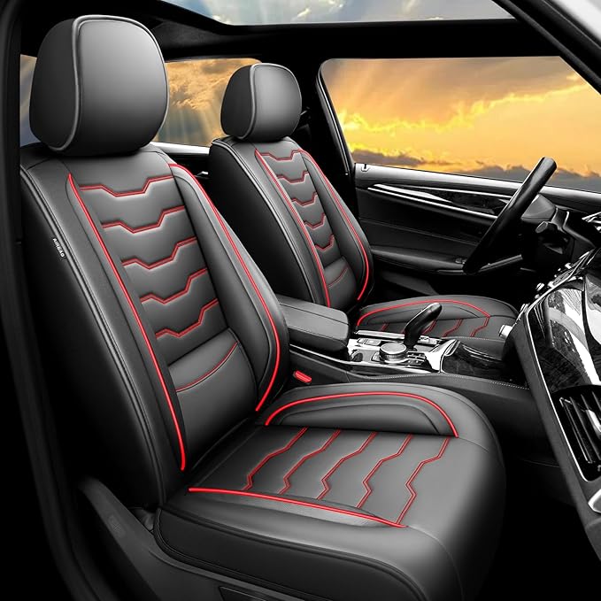 Fit Kona Car Seat Covers for Select Hyundai Kona 2018-2025 2026. Premium Leather, Waterproof， Breathable, Scratch-Resistant & All-Weather Seat Cushion Protector (Full Set, Red Line Black)