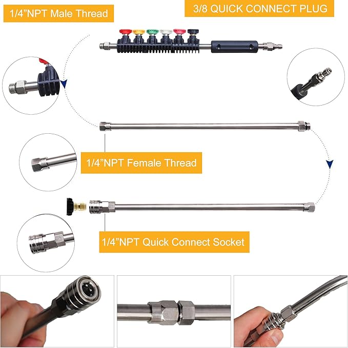 Xiny Tool Pressure Washer Extension Wand, 20 Pack Power Washer Lance with 5 Atomization Nozzle Tips,1 Gutter Cleaner Attachment Curved Rod, 1/4" Quick Connect, 4000 PSI