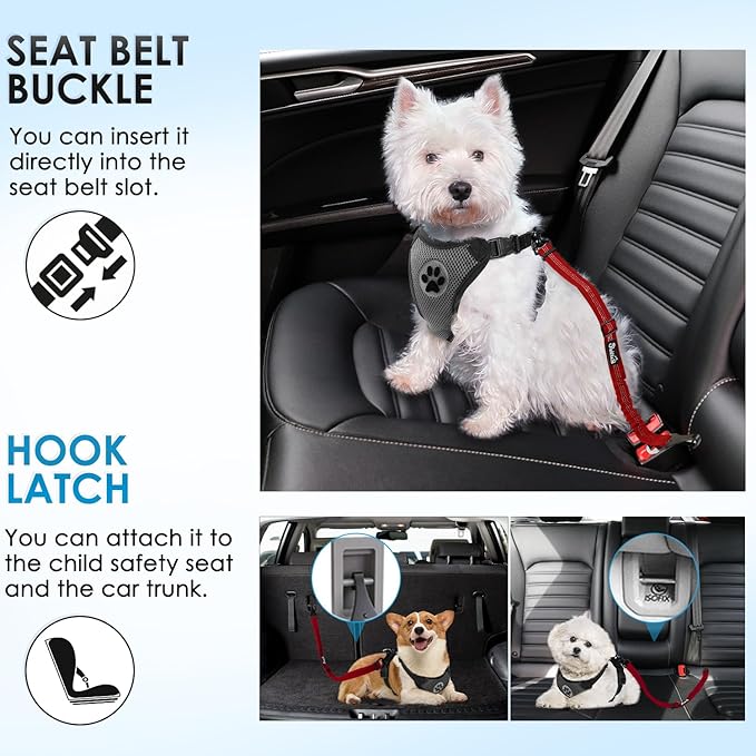 Lukovee Dog Seatbelt Leash for Cars, 2 Pack Pet Safety Seat Belt with Adjustable Buckle & Reflective Bungee, Connect Dog Harness in Vehicle Dogs Restraint Travel Daily Use (Red)
