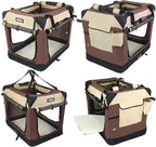EliteField 4-Door Folding Soft Dog Crate with Curtains, Carrying Bag and Fleece Bed (2 Year Warranty), Indoor & Outdoor Pet Home (24" L x 18" W x 21" H, Brown+Beige)