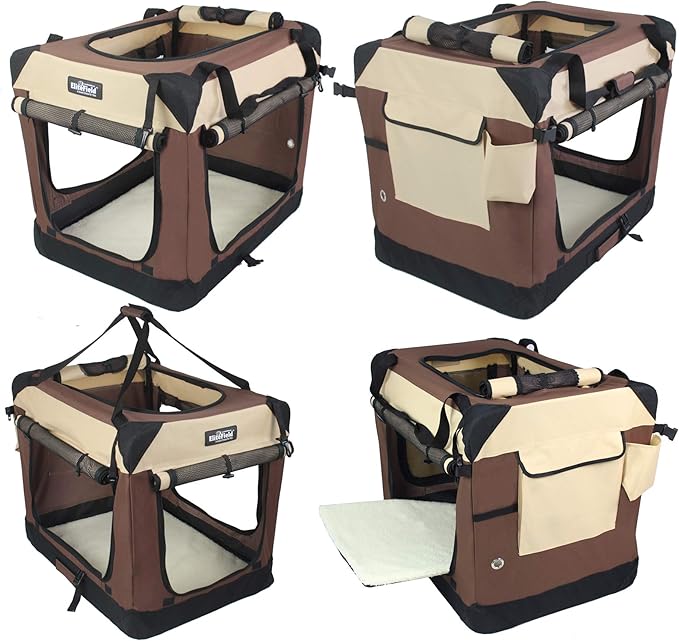 EliteField 4-Door Folding Soft Dog Crate with Curtains, Carrying Bag and Fleece Bed (2 Year Warranty), Indoor & Outdoor Pet Home (42" L x 28" W x 32" H, Brown+Beige)