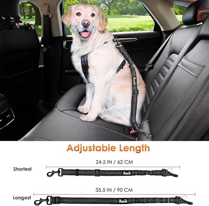 SlowTon Dog Seat Belt for Car, Adjustable 3 in 1 Dog Seatbelt with Elastic Bungee Buffer, Nylon Heavy Duty Dog Car Harness Reflective Safety Tether Leash with Latch Hook Clip Black 35.5"