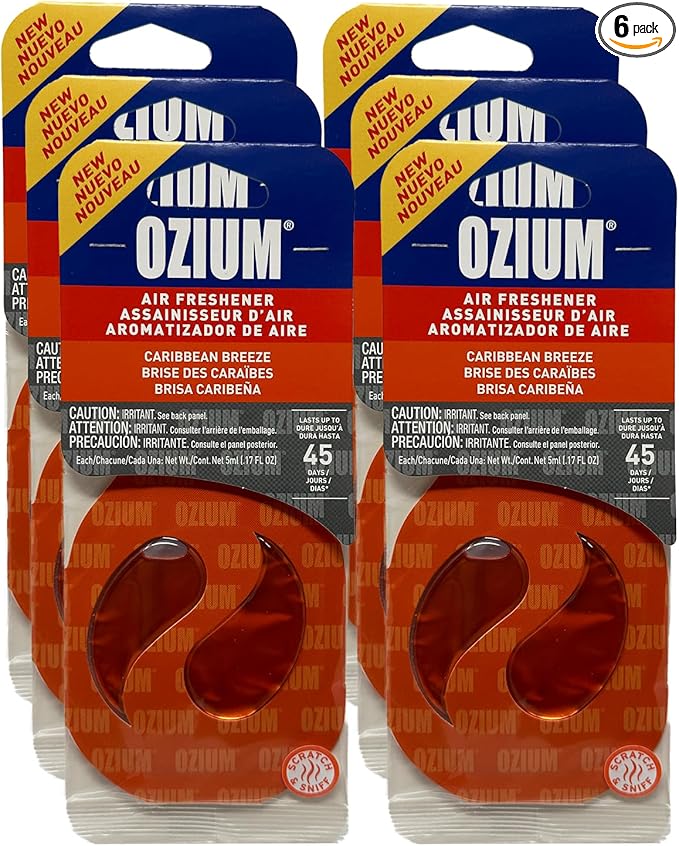 Ozium Paper Membrane Hanging Car Air Freshener - Automotive Air Fresheners and Odor Eliminator for Car (Caribbean Breeze, 6 Packs)