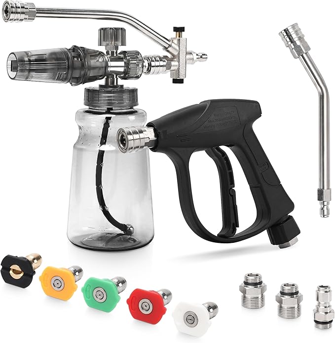 Foam Cannon Kit for Pressure Washer, Dual Connector Snow Foam Gun with Spray Gun, 5 Nozzle Tips, Curved Rods, 3/8" Swivel Quick Connect, M22-14mm & M22-15mm Adapters