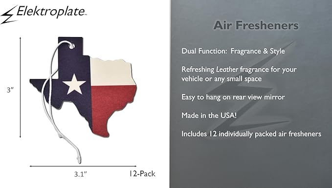 Elektroplate Texas Flag Automotive Air Fresheners for Vehicles | Leather Scent (12-Pack) | Made in the USA